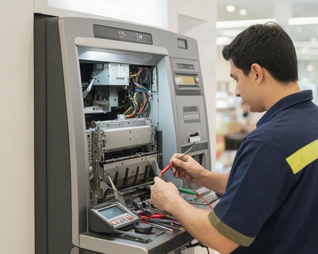 Technician performing ATM maintenance on a cash machine in a Singapore commercial building, checking internal components with diagnostic tools